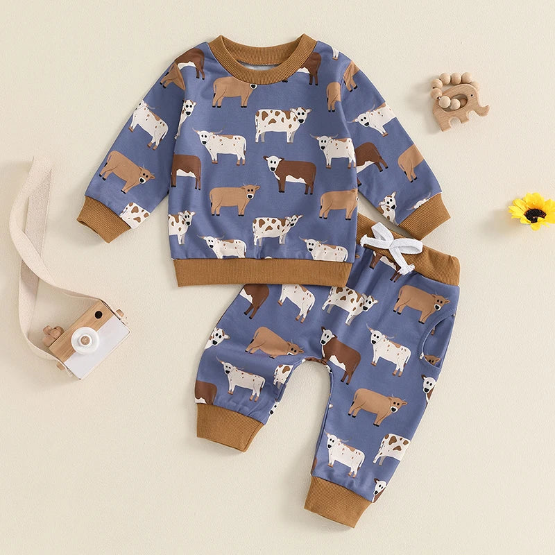 Baby Boys Pants Set - Cow Print Long Sleeve Crew Neck Sweatshirt with Elastic Waist Sweatpants - Perfect for Autumn