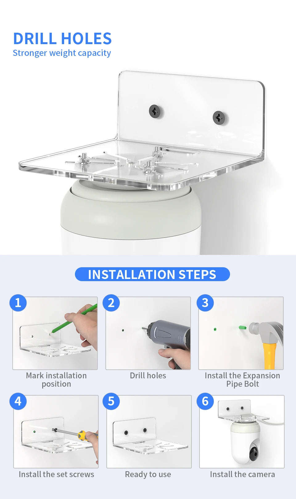 Security Camera Bracket - Wall Mount (No Drilling or Drill Mounting)