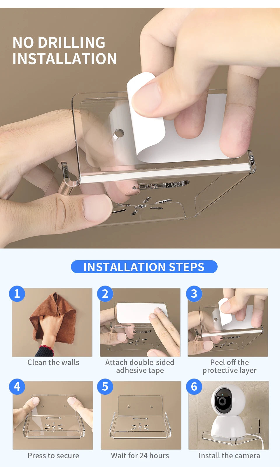 Security Camera Bracket - Wall Mount (No Drilling or Drill Mounting)