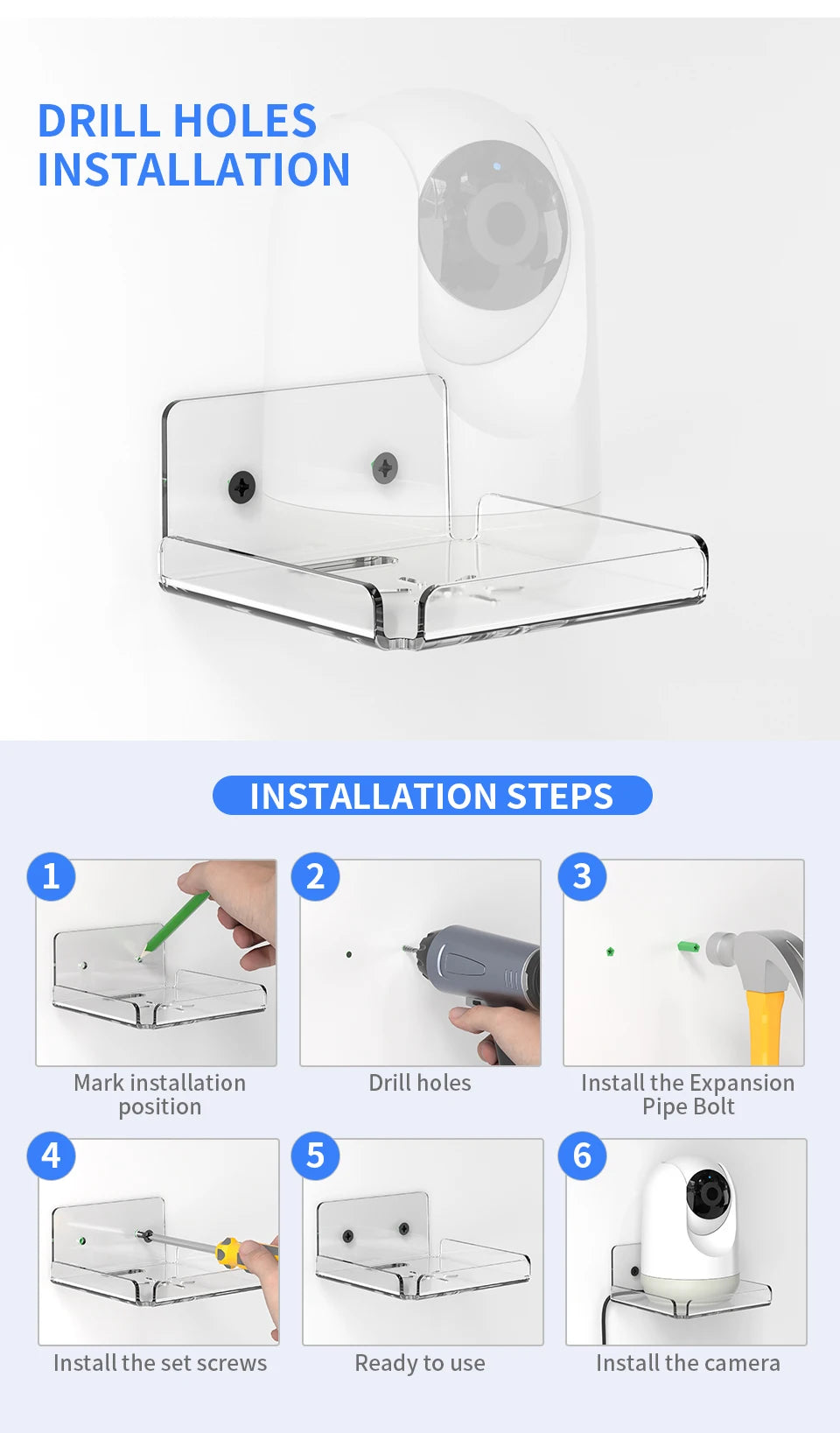 Security Camera Bracket - Wall Mount (No Drilling or Drill Mounting)