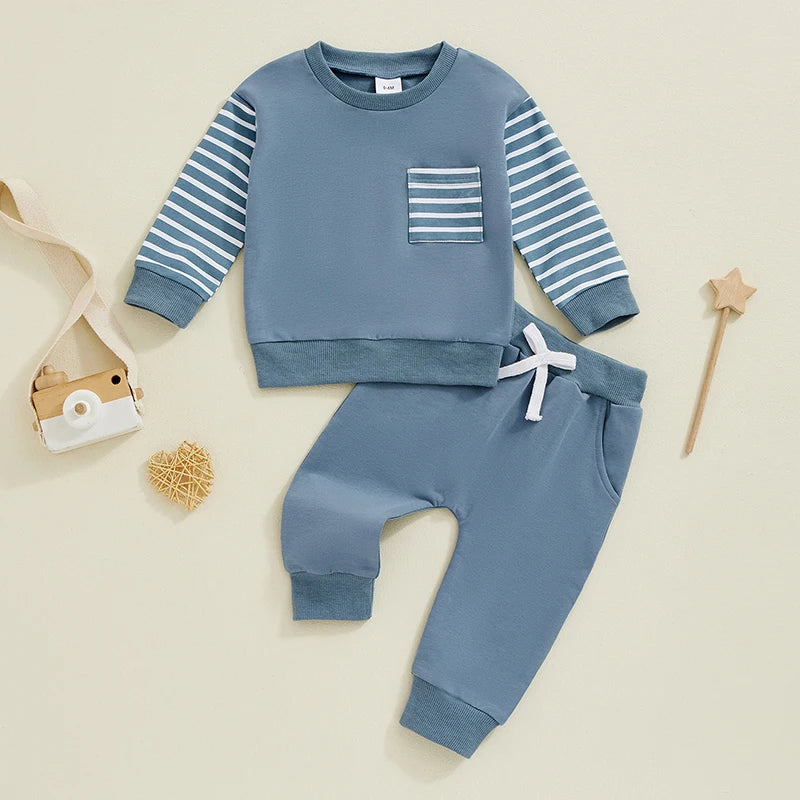 Cozy Baby Fall Outfit Set – Striped Sweatshirt & Elastic Waist Pants 🍂👶