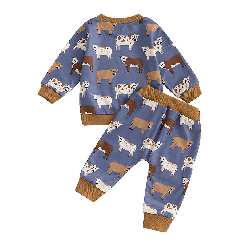 Baby Boys Pants Set - Cow Print Long Sleeve Crew Neck Sweatshirt with Elastic Waist Sweatpants - Perfect for Autumn