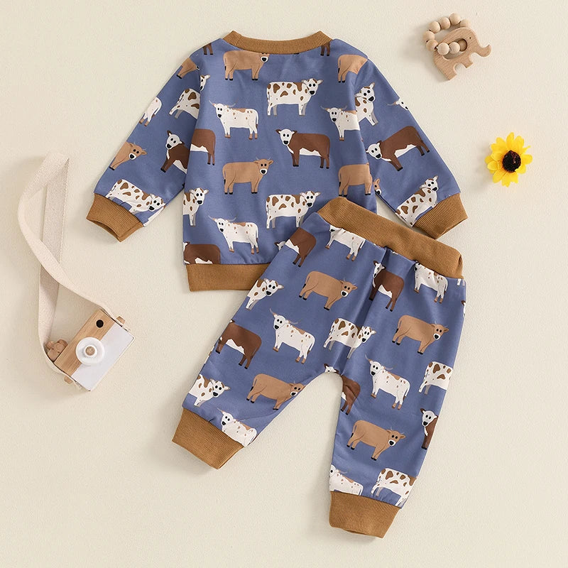 Baby Boys Pants Set - Cow Print Long Sleeve Crew Neck Sweatshirt with Elastic Waist Sweatpants - Perfect for Autumn